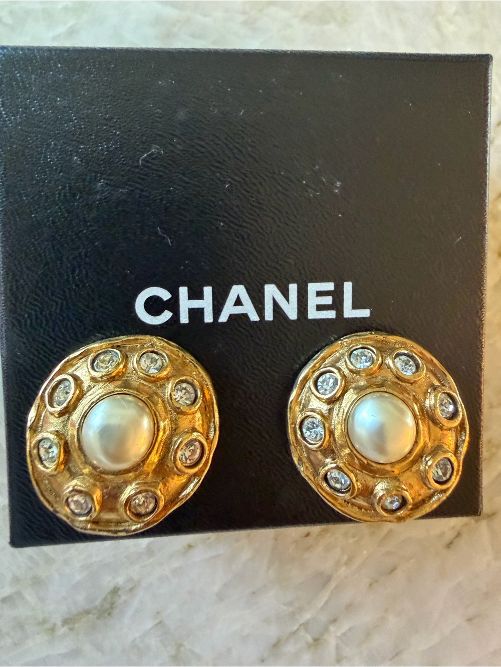 Vintage CHANEL Gold Tone Faux Pearl Crystal Round Clip On Earrings France